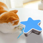 Automatic rotating cat toy with blue starfish design and five feather arms