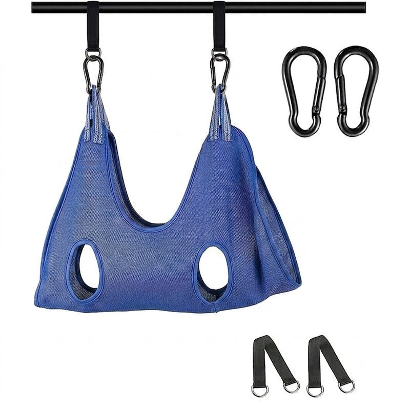 Dog grooming hammock sling harness with carabiner clips for stress-free nail trimming